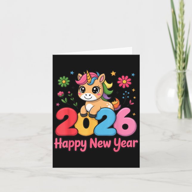 Cute Unicorn 2026 Horse Year Happy New Year Kawaii Card (Front)