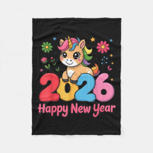 Cute Unicorn 2026 Horse Year Happy New Year Kawaii Fleece Blanket