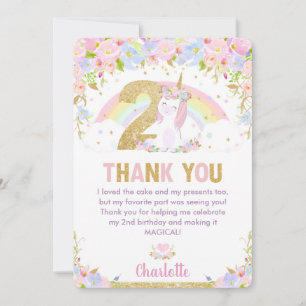 Cute Unicorn 2nd Birthday Rainbow Floral Thank You Card