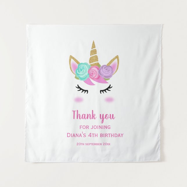 Cute unicorn 4th birthday girl thank you backdrops tapestry (Front)