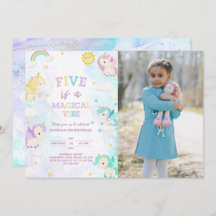 Cute Unicorn 5th Birthday Photo Invitation