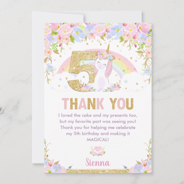 Cute Unicorn 5th Birthday Rainbow Floral Thank You (Front)