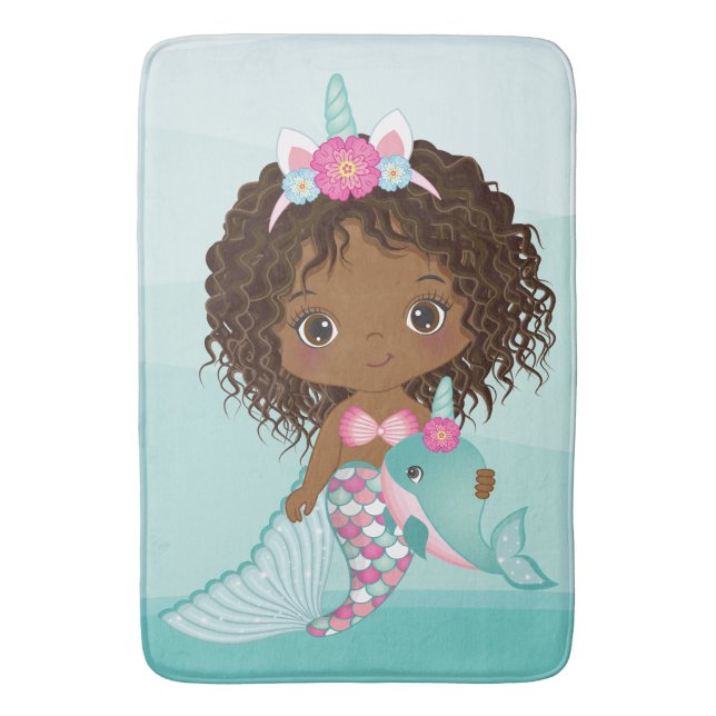 Cute Unicorn African American Mermaid Bath Mat (Front Vertical)