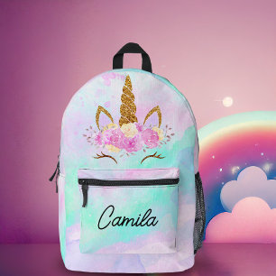 Cute Unicorn And Abstract Watercolor Monogrammed Printed Backpack