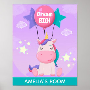 Cute Unicorn and Balloons Dream Big Personalised Poster