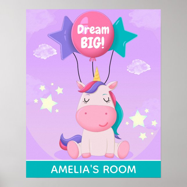 Cute Unicorn and Balloons Dream Big Personalised Poster (Front)