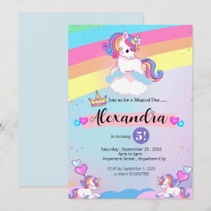 Cute Unicorn and Colourful Rainbow Birthday  Invitation