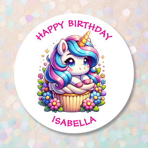Cute Unicorn and Cupcake Personalised Birthday Classic Round Sticker