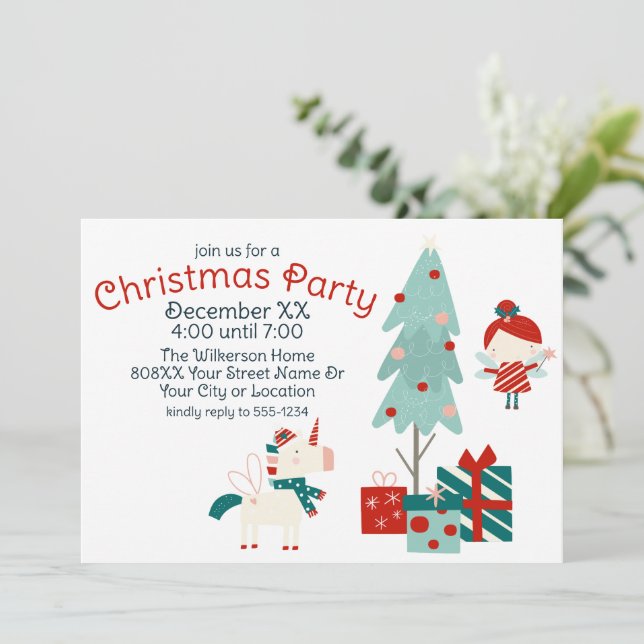 Cute Unicorn and Fairy Christmas Party Invitation (Standing Front)