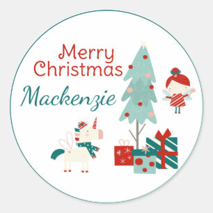 Cute Unicorn and Fairy Custom Name Merry Christmas Classic Round Sticker