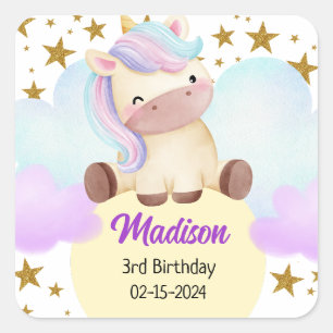 Cute Unicorn and Gold Stars Birthday Square Sticker