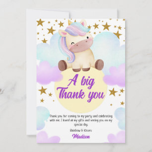 Cute Unicorn and Gold Stars Birthday Thank You Card