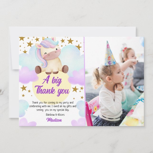 Cute Unicorn and Gold Stars Photo Birthday  Thank You Card (Front)