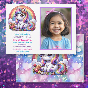 Cute Unicorn and Rainbow Child's Photo Birthday Invitation