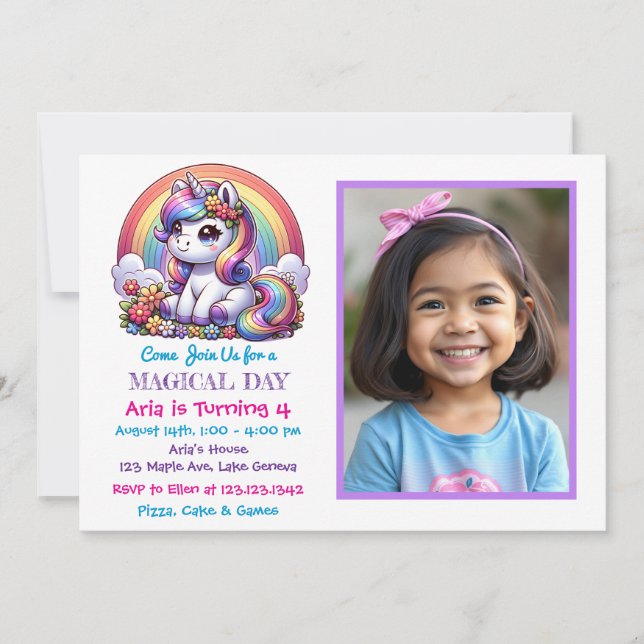 Cute Unicorn and Rainbow Child's Photo Birthday Invitation (Front)
