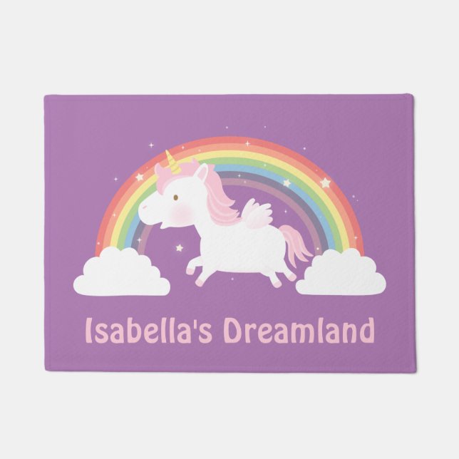 Cute Unicorn and Rainbow Girls Room Door Mat (Front)