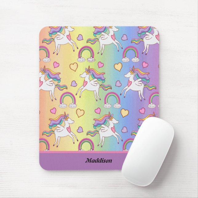 Cute Unicorn  and Rainbow Pattern Customisable  Mouse Mat (With Mouse)