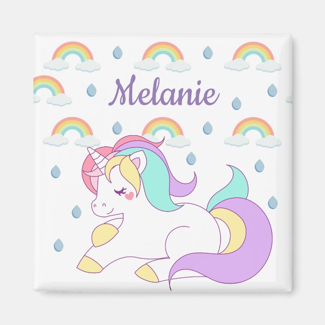 Cute Unicorn and Rainbows Personalised Magnet (Front)