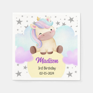 Cute Unicorn and Silver Stars Birthday Napkin