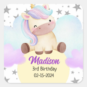 Cute Unicorn and Silver Stars Birthday Square Sticker