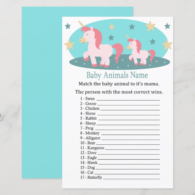 Cute Unicorn Baby Animals Name Game (Front/Back)