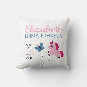 Cute Unicorn Baby Birth Stats Cushion