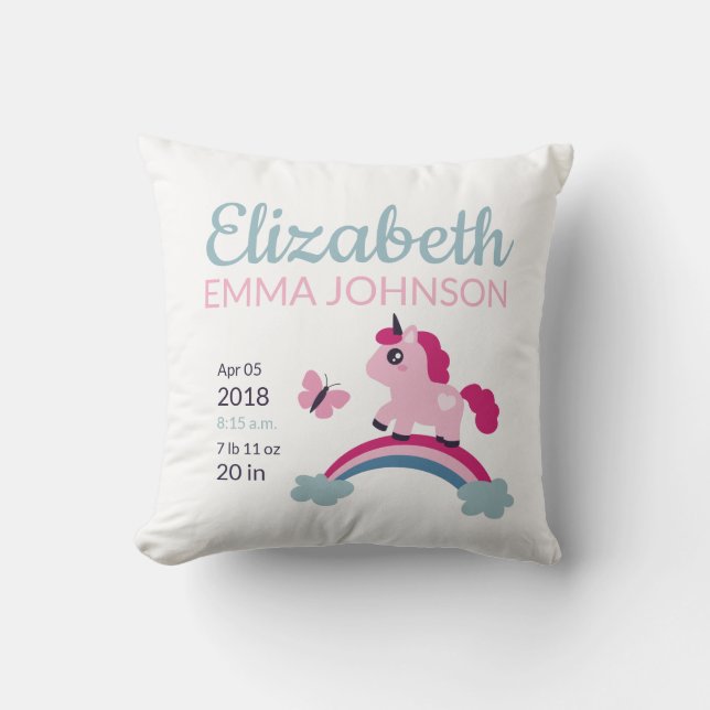 Cute Unicorn Baby Birth Stats Cushion (Front)