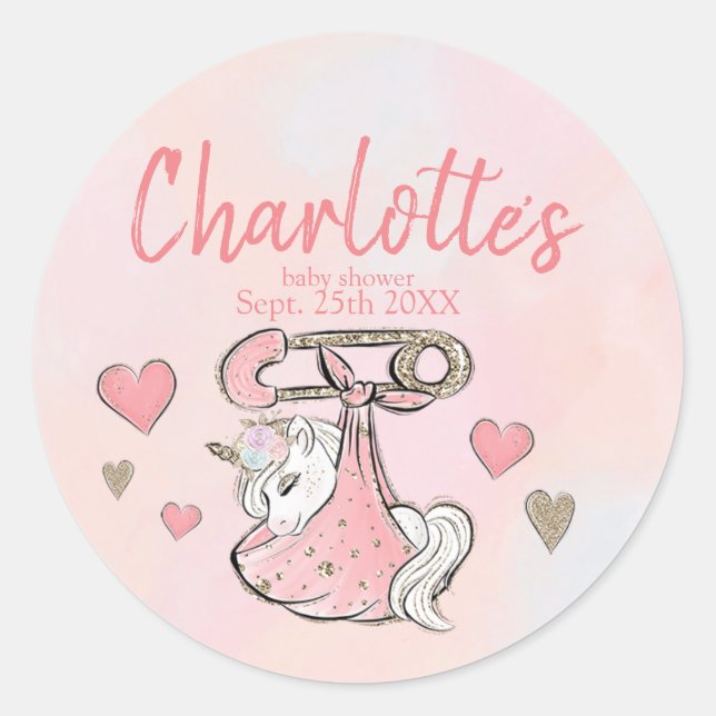 Cute Unicorn Baby Girl and Hearts Classic Round Sticker (Front)
