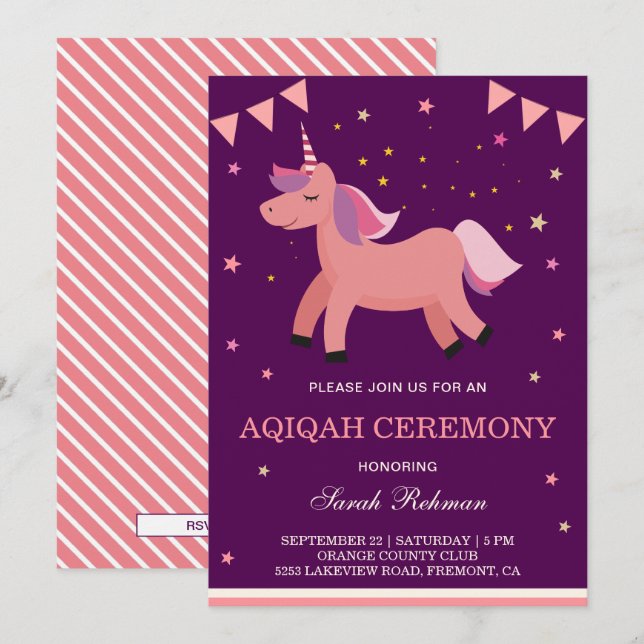 Cute Unicorn Baby Girl Aqiqah Invitation (Front/Back)