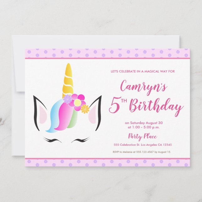 Cute Unicorn Baby Girl's 5th birthday Party Invitation (Front)