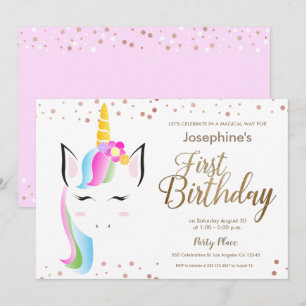 Cute Unicorn Baby Girl's First birthday Party Invitation