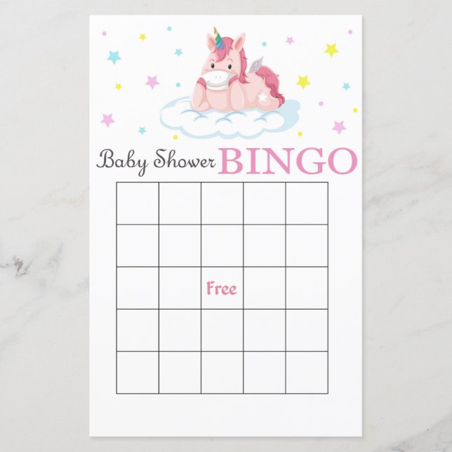 Cute Unicorn baby shower bingo card (Front)