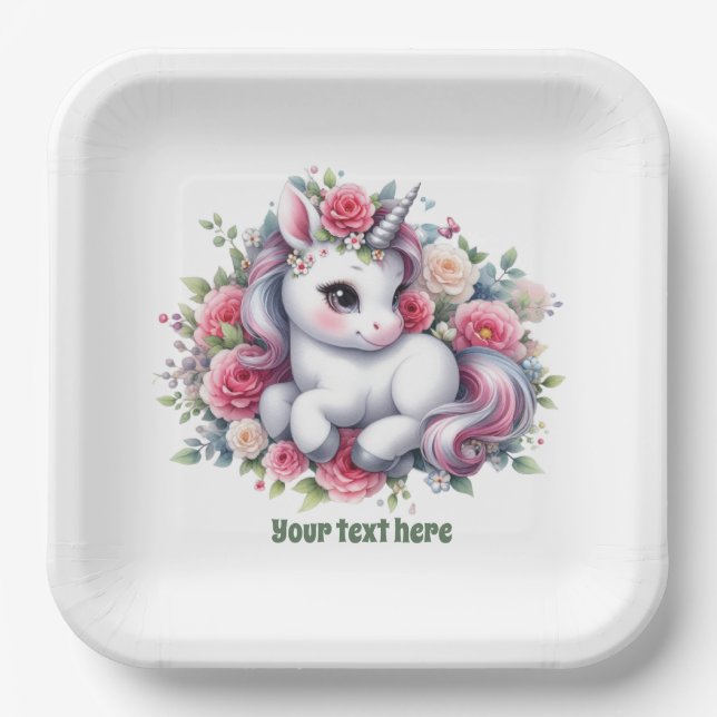 Cute unicorn baby shower customisable paper plate (Front)