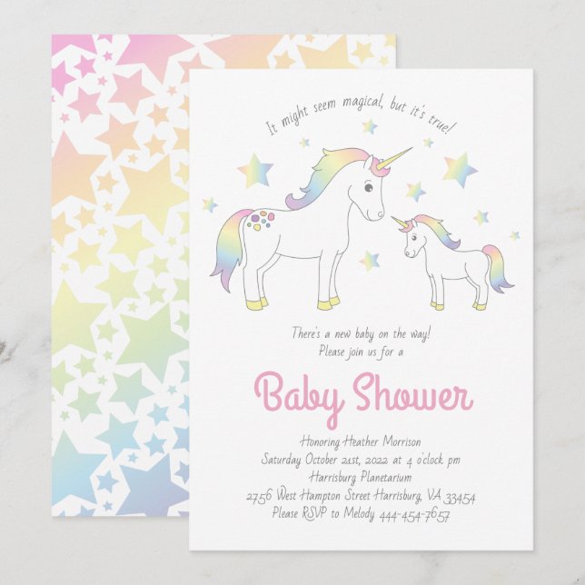Cute Unicorn Baby Shower Invitation (Front/Back)