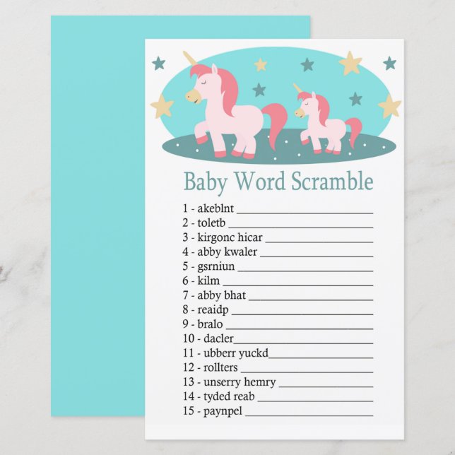 Cute Unicorn Baby word scramble game (Front/Back)