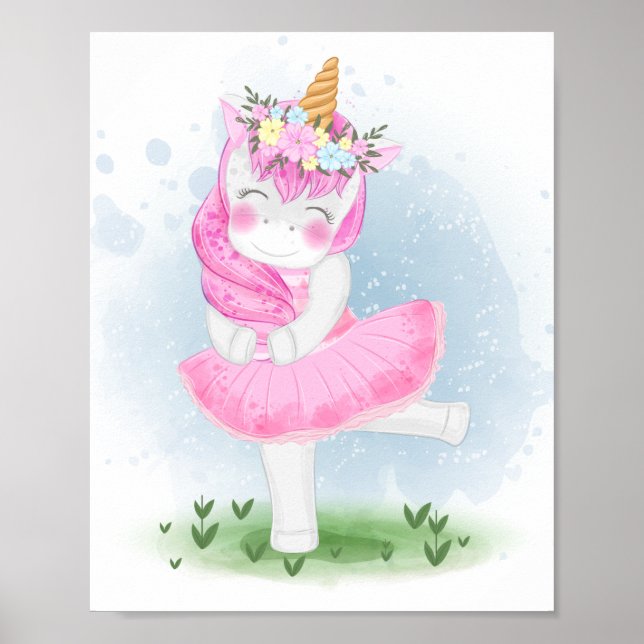 Cute Unicorn Ballerina with Flower Crown Poster (Front)