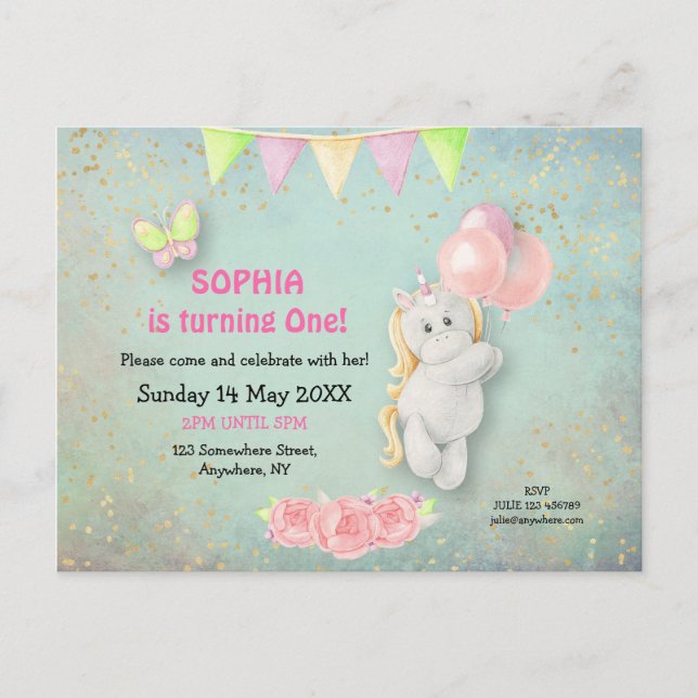 Cute Unicorn/Balloons First Birthday Invitation Postcard (Front)