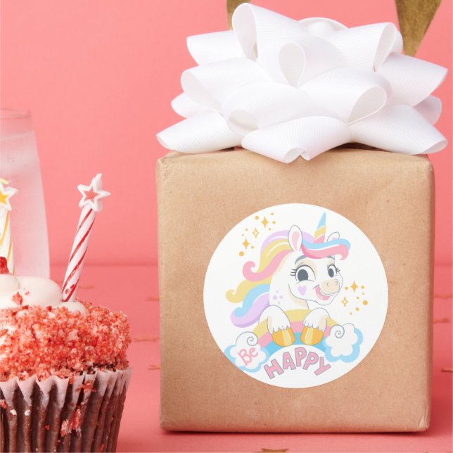 Cute unicorn Be Happy Classic Round Sticker (Party)