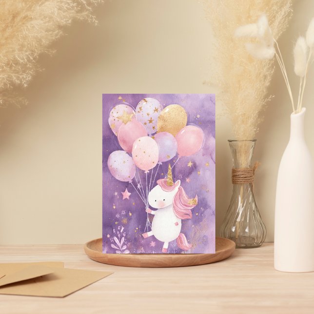 Cute Unicorn Birthday Card – Pink & Gold Balloons (Creator Uploaded)