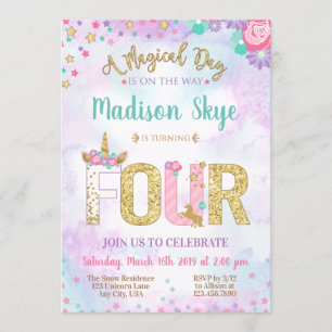Cute Unicorn Birthday Fourth Party Invitation