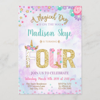 Cute Unicorn Birthday Fourth Party Invitation
