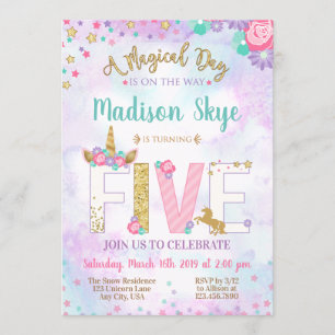 Cute Unicorn Birthday Invitation Fifth Five