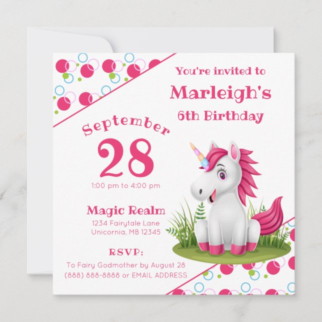 Cute Unicorn Birthday Invitation with Polka Dots (Front)