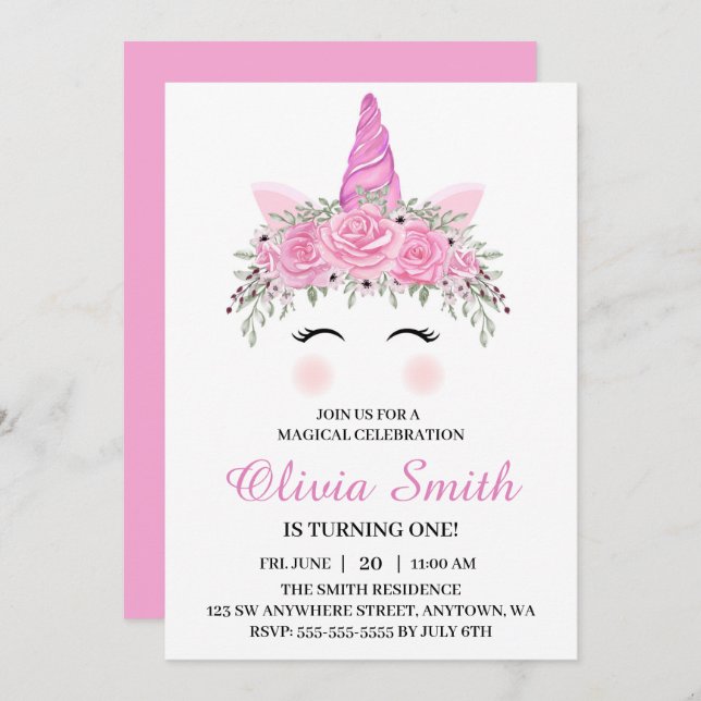 Cute Unicorn Birthday Party With Pink Name Invitation (Front/Back)