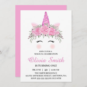 Cute Unicorn Birthday Party With Pink Name Invitation