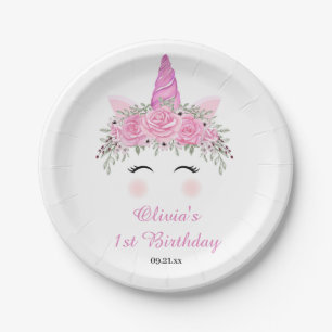 Cute Unicorn Birthday Party With Pink Name Paper Plate