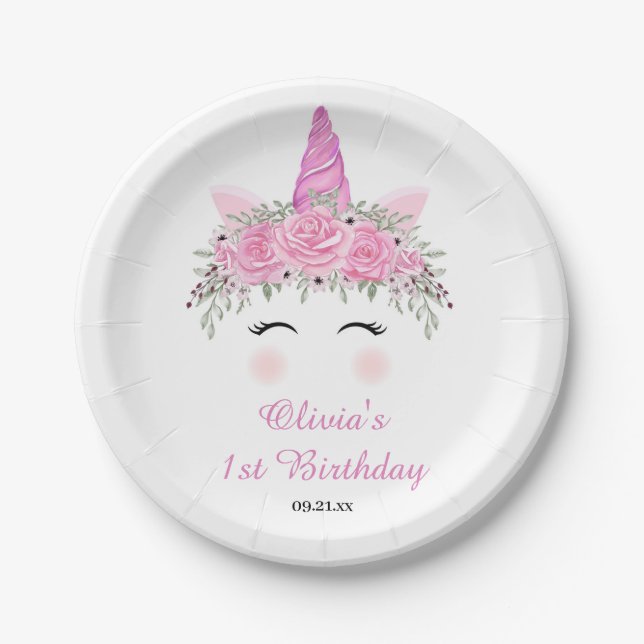 Cute Unicorn Birthday Party With Pink Name Paper Plate (Front)