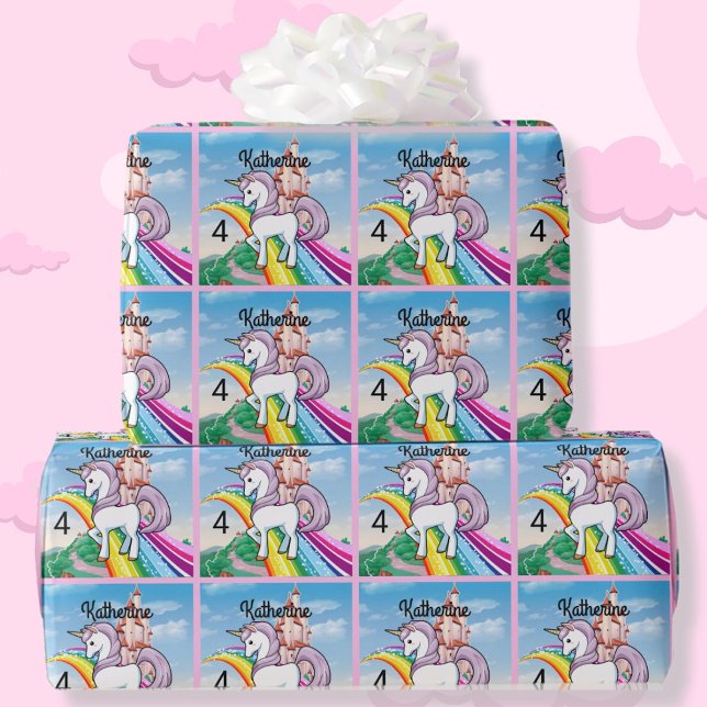 Cute UNICORN Birthday Personalise Girl's Name Age Wrapping Paper (Creator Uploaded)
