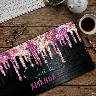 Cute unicorn black glitter birthday monogram desk mat