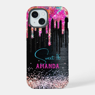 Cute unicorn black glitter birthday monogram iPhone 15 case